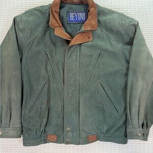 Beyond Leather Men’s Green Leather Jacket Brown Trim Size XXL